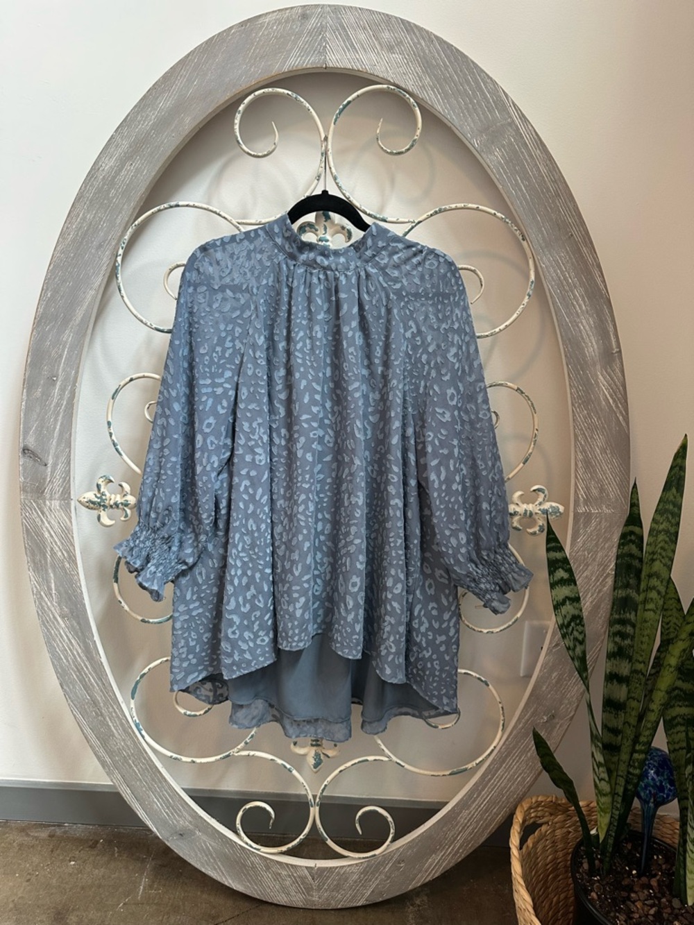 DR2 Dusty Blue Jacquard High-Neck Blouse
